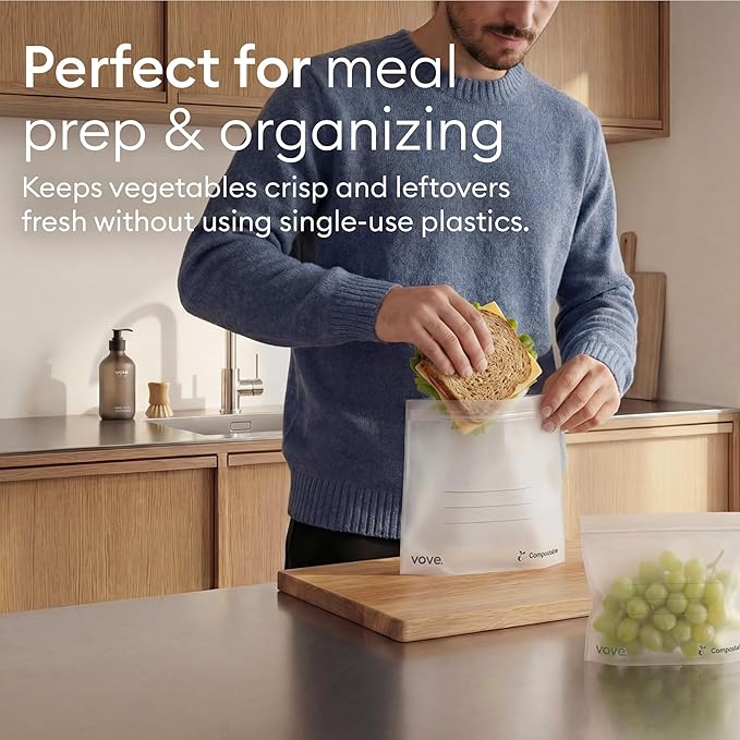 Vove Compostable Sandwich Bags, Medium 30 Count – Freezer Safe, Leak Proof, Non Toxic, Writable Surface for School Lunches & Meal Prep, Eco-Friendly