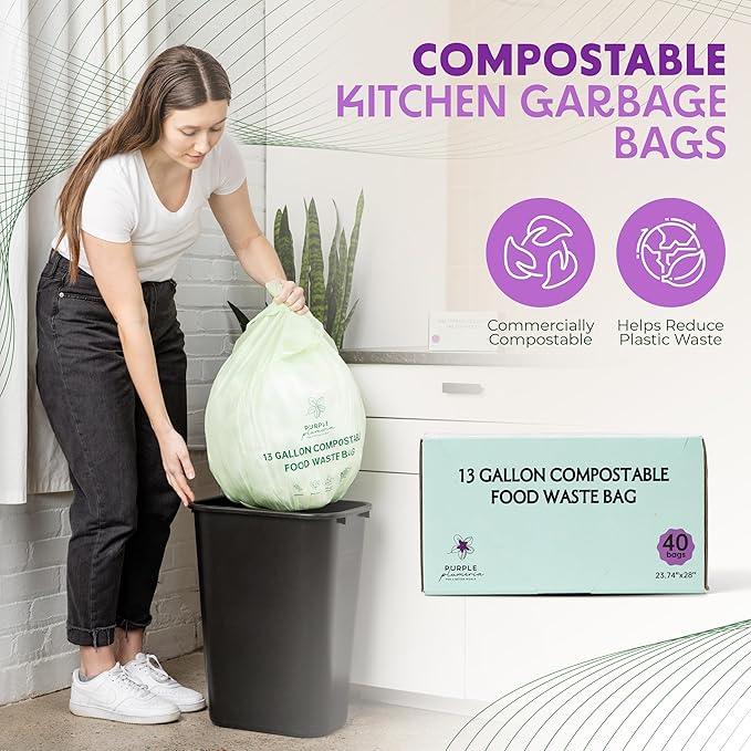 PurplePlumeria 13 Gallon Compostable Trash Bags - BioBased - Extra Strength - Plant-Based Plastic - Eco-Friendly, Sea Green