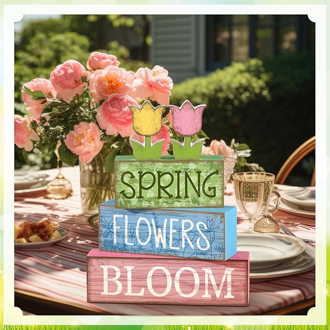 4 Pcs Spring Table Decor Wooden Tulip Spring Tiered Tray Decor Flowers Table Centerpiece Decorative Colorful Tulip Block Signs Gift Farmhouse Flowers Decoration for Home Kitchen Shelf
