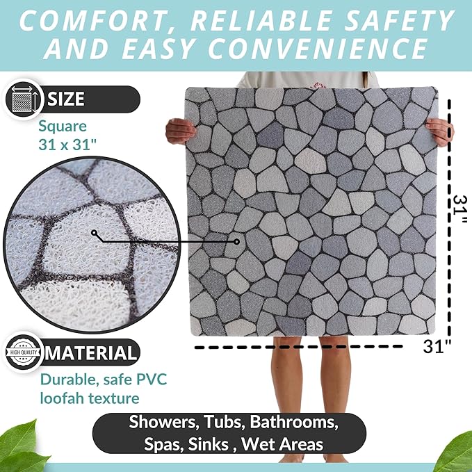 Non Slip Shower Mats for Inside Shower - Loofah Bath Mats for Shower - Shower Floor Mat Non Slip - Walk in Shower Mat Square 31x31- Textured No Suction Cup Shower Safety Mat (Blue Pebble 31x31)