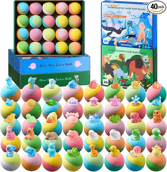 40 Kids Bath Bombs with Surprise Inside, Ocean & Jungle Animal Toys Gift Set with Natural Child-Safe Ingredients, Travel-Friendly Bath Bombs for Boys and Girls, Great for Birthdays, Christmas & Easter