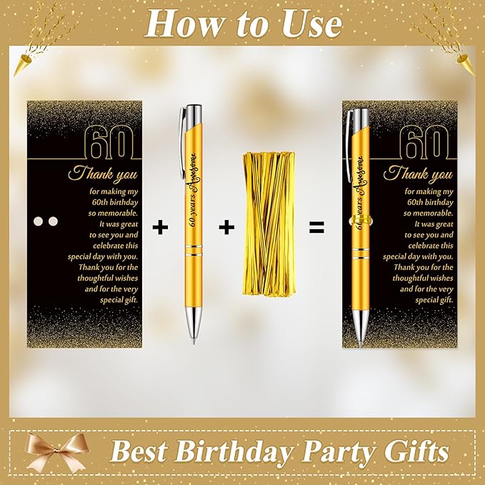 25 Sets 60th Birthday Themed Party Favors for Guests Including Birthday Ballpoint Pens and Black Gold Thank You Cards for Guests New Year Anniversary Appreciation Gifts