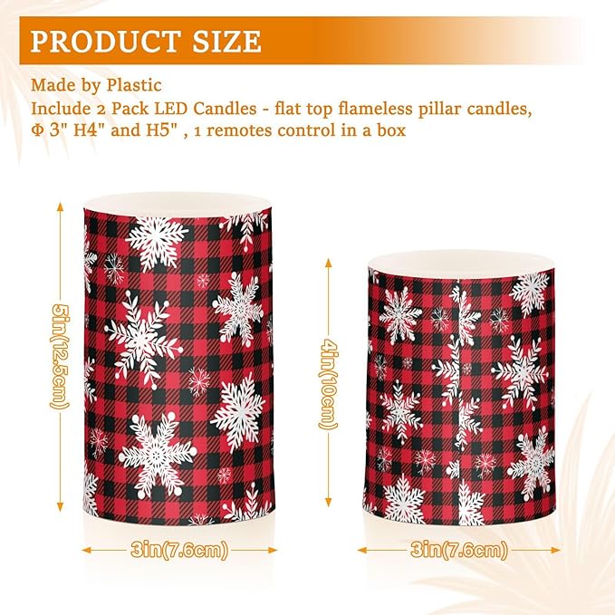 ALAZA Christmas Snowflakes Red Black Buffalo Plaid Flickering Flameless Candles Battery Operated with Remote Timer,Tea Light Candles LED Pillar Votive Candles Set of 2 for Outdoor Indoor Decorations