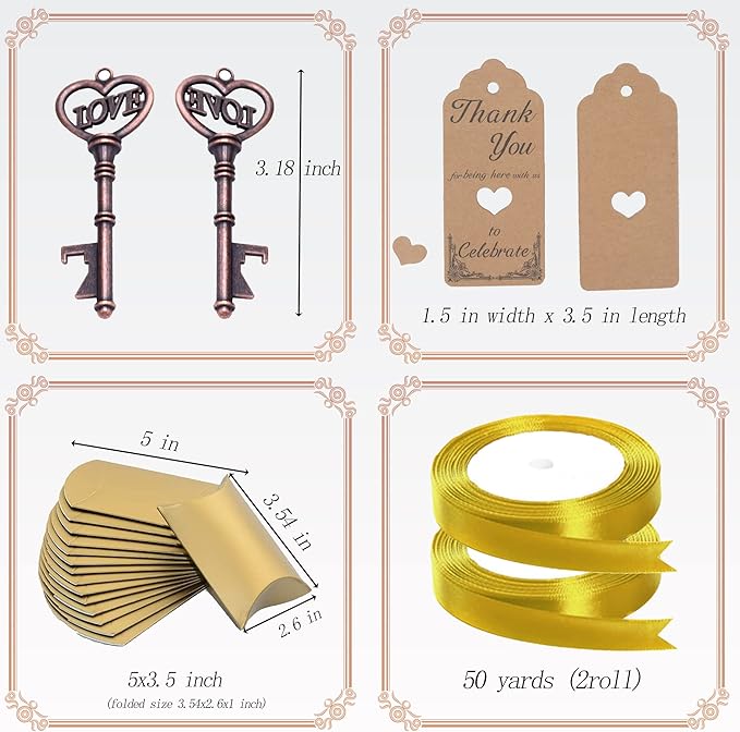 Aokbean 50 pcs Vintage Skeleton LOVE Key Bottle Openers Pillow Candy Box Escort Thank You Tag French Ribbon Wedding Souvenir Gift for Guest (Copper)