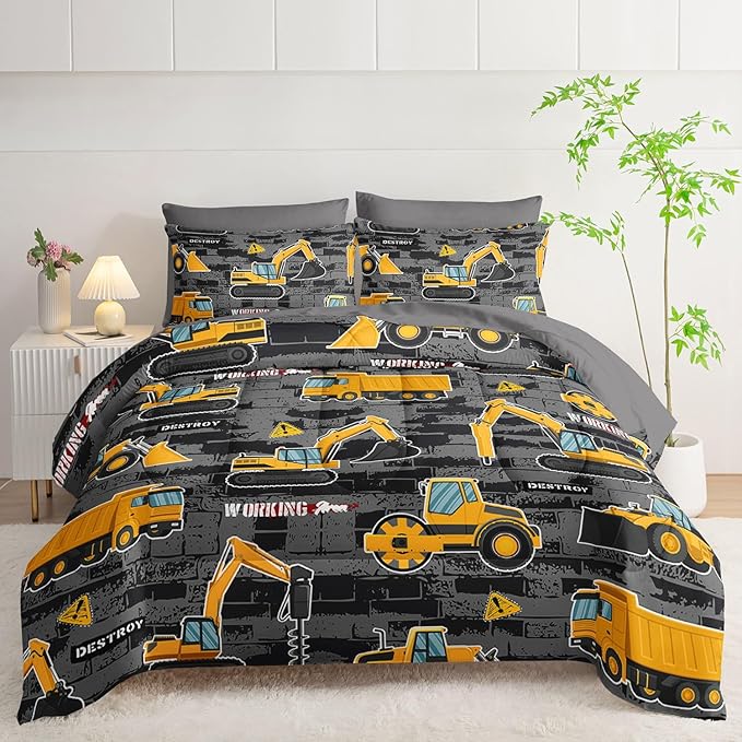 7Pcs Truck Comforter Set Engineering Vehicle Printed Bedding Set with 1 Comforter, 1 Flat Sheet, 1 Fitted Sheet and 4 Pillowcases for Boys and Girls Bedroom All Season(Queen)