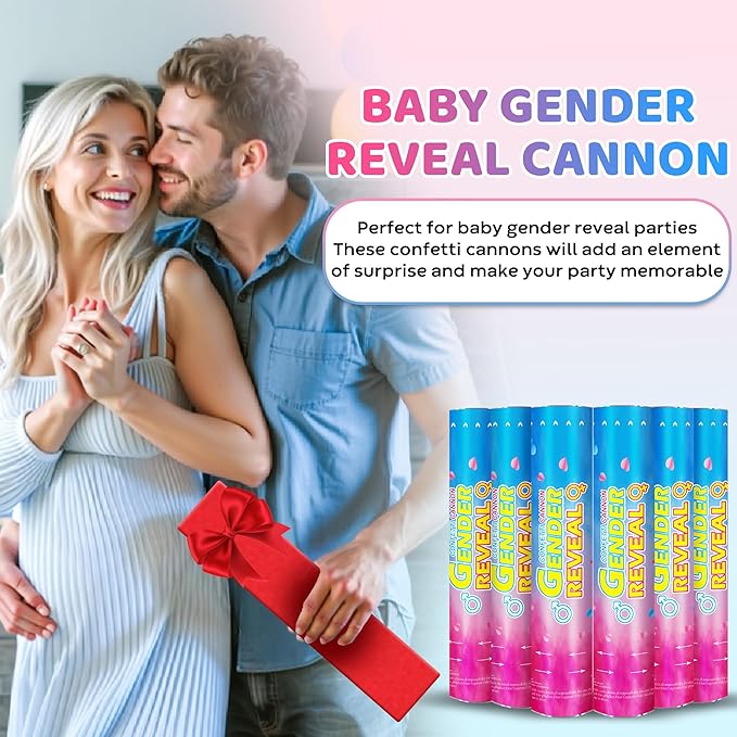 Gender Reveal Confetti Cannons – 6 Pack (3 Blue & 3 Pink) – Baby Gender Reveal Cannon Kit with Heart-Shaped Confetti – Easy Twist Party Poppers for Boy or Girl Baby Reveal Decorations