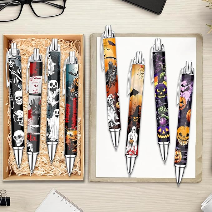 Idealmuzik Funny Ballpoint Pens for Adult, Stationery Lovers – Smooth Writing Pens for Journaling – Haunted Holiday Design, 8 Pack