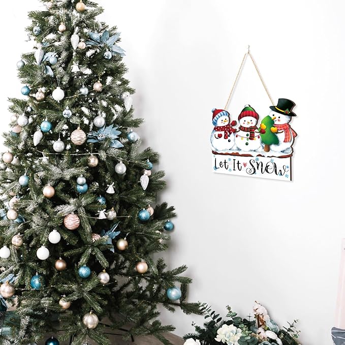 CHDITB Let It Snow Wooden Hanging Sign, Three Snowman Wood Sign, Winter Welcome Door Sign, Snowflake Snowman Vintage Wall Door Sign,Christmas Sign for Wall Door Hanger Winter Decor