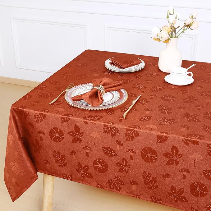 misaya Rectangle Thanksgiving Tablecloth, Waterproof Jacquard Fall Table Cloth, Damask Cloth Table Cover for Harvest Decor (52" x 70", Rust Leaves Pattern)