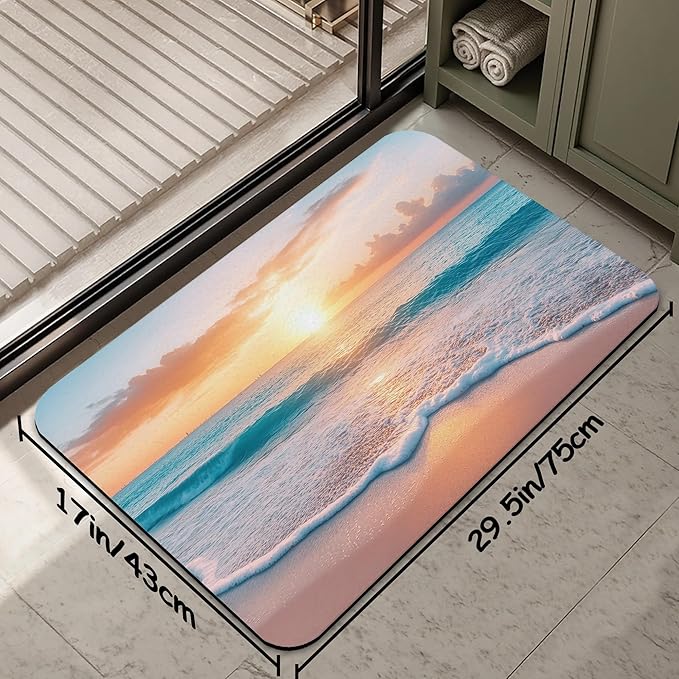 Sunset Beach Bathroom Mat, Non-Slip Rubber Backing Thin Low-Profile Bath Rug, Easy-Clean Bathroom Floor Mat for Shower, Bathtub, Kitchen, or Entryway