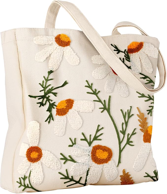 Miss Adola Aesthetic Embroidery Tote Bag for Women - Reusable Canvas Cute Shoulder Bag for Shopping, Grocery, Work, Book