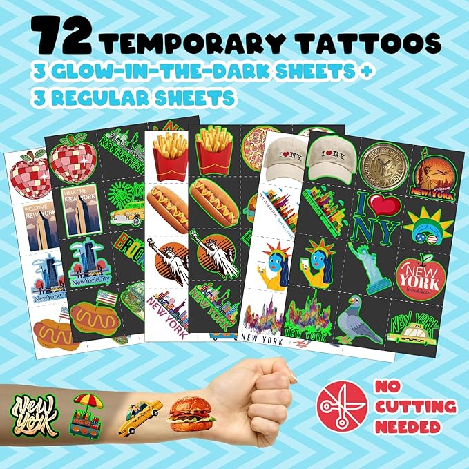 96 PCS New York Party Favors Set – 72 Pre-Cut Temporary Tattoos & 24 Slap Bracelets, Perfect for Travel Parties & City-Themed Celebrations