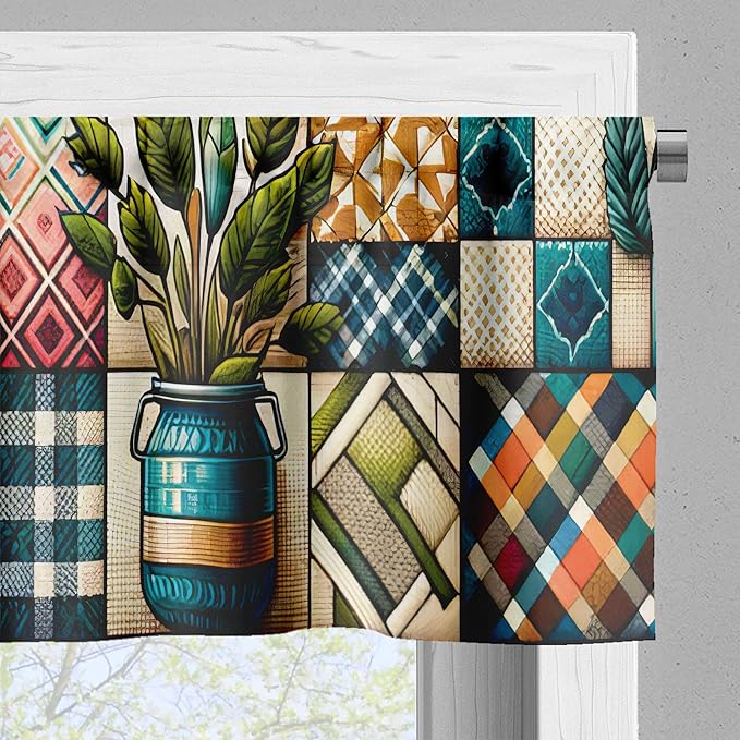 Ambesonne Bohemian Window Valance, Checkered Design Leafy Jar Illustration with Groovy Plaid Boho Modern, Curtain Valance for Kitchen Bedroom Decor with Rod Pocket, 42" x 12", Teal Pink and Green