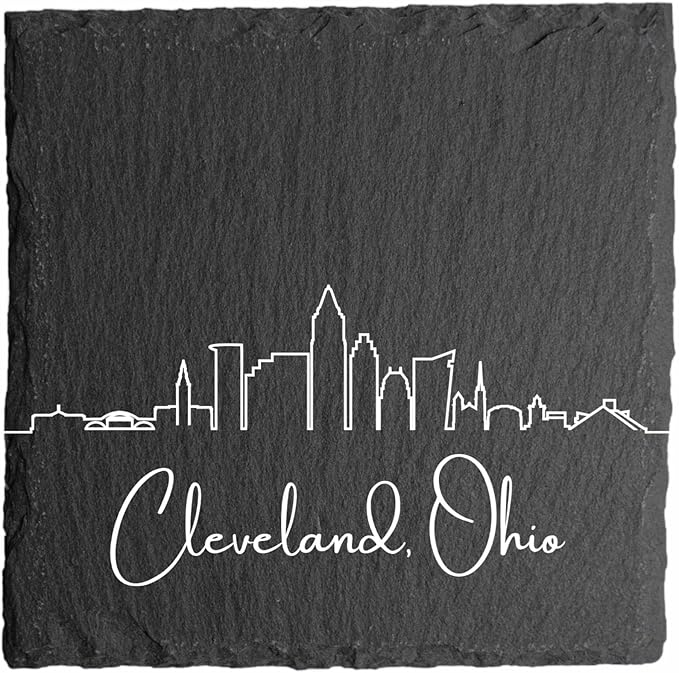 Blue Ridge Mountain Gifts - Cleveland OH Skyline Coasters, Set of 4 - Cleveland Ohio Souvenir, Slate Coasters with Minimalist Skyline, Housewarming Gift for Friends, Family, & Neighbors