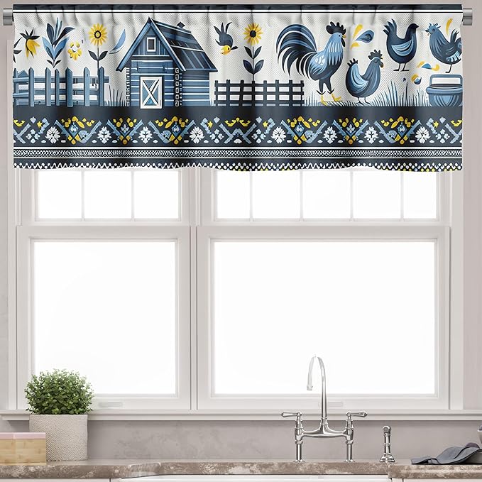 Ambesonne Farmhouse Window Valance Pack of 2, Modern Scandinavian Floral Ornate Barn Scenario Roosters Sunflowers, Rod Pocket Curtain Valances Kitchen Bedroom, 42" X 12",Blue Yellow