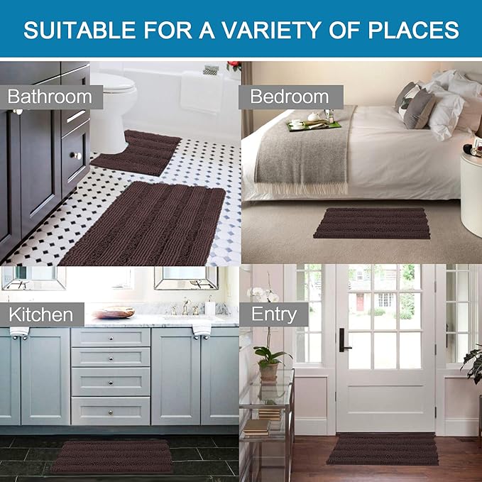 H.VERSAILTEX Bathroom Rugs Bath Rug Set 2 Piece Bathroom Contour Rug Toilet Mat Sets Non Slip Contour Bath Rug Ultra Thick Water Absorbent Striped Bath Mats(47" x 17" Plus 20" x 20" U, Chocolate)