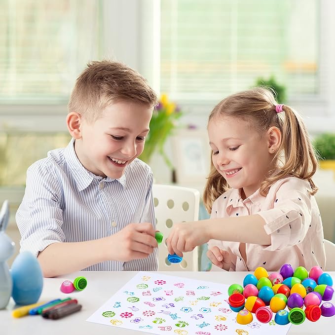 JOYIN 24Pcs Easter Egg Stampers Toys for Easter Eggs Hunt Game, Basket Stuffers Fillers, Kids Party Favor, Assorted Self-ink Stamp for Classroom Exchange and Prize Supplies Gifts