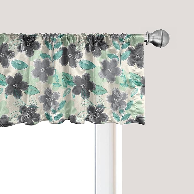 Ambesonne Floral Window Valance, Abstract Nostalgia Pattern with Retro Blooms and Leaves Romantic, Curtain Valance for Kitchen Bedroom Decor with Rod Pocket, 42" x 18", Charcoal Grey Mint Green