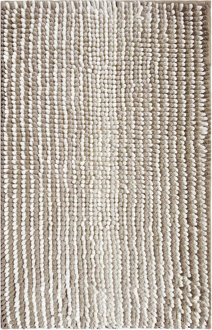 HDFK Bath Mat & Bathroom Rug - Machine Washable Soft Chenille Shower Carpet, Maximum Absorbency Non-Slip with Odorless Hot Melt Base, Slim Striped Design for Bathtub Floors (24x16 Inch, Tan & White)