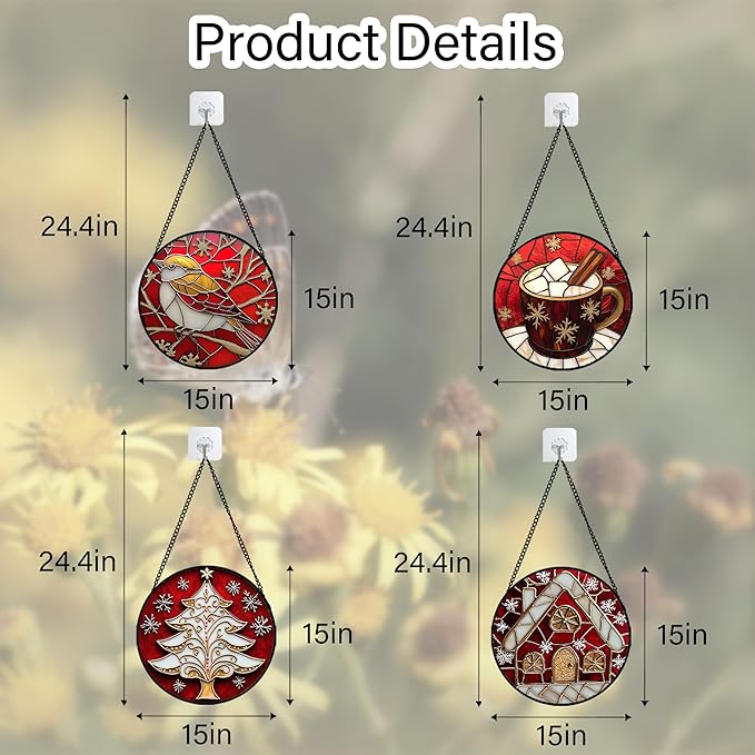 Stained Glass Window Hanging 4 Pcs Set Red Christmas Themed Decorations Large 15" - Suncatcher Door Garden Sun Catcher Decor Birthday New Year for Mom Woman Nana Men
