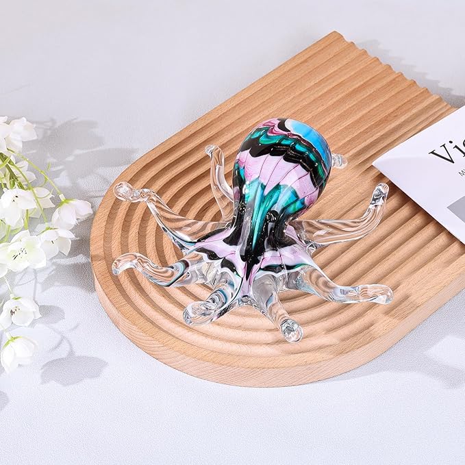 LCCCK Glass Octopus Statue Home Decor, Hand Blown Glass Decor Ocean Figurines Octopus Sculpture, Murano Art Office Desk Paperweights Fish Tank Aquarium Sea Animals Christmas Birthday Gift (Pink)