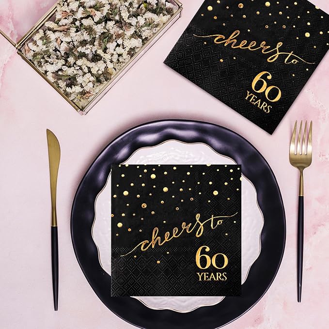 100 Pack of 60th Birthday Napkins, Cheers to 60 Cocktail 5x5 Inches Party Paper Napkins for Birthday Decorations Wedding Anniversary Black and Gold, 3-Ply