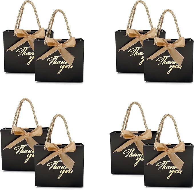 TKSBAG 50 Pack Small Thank You Gift Bags With Handles-5.5''x 2.5''x4.7'' Mini Black Gift Bags Bulk for Baby Shower, Birthday, Wedding