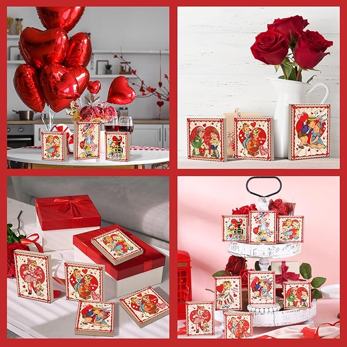 Wenqik 8 Pcs Vintage Valentine's Day Decorations Retro Valentine Wooden Sign Table Centerpiece Ornaments Farmhouse Red Heart Tiered Tray Decor for Home Tabletop Shelf Supplies, 8 Styles