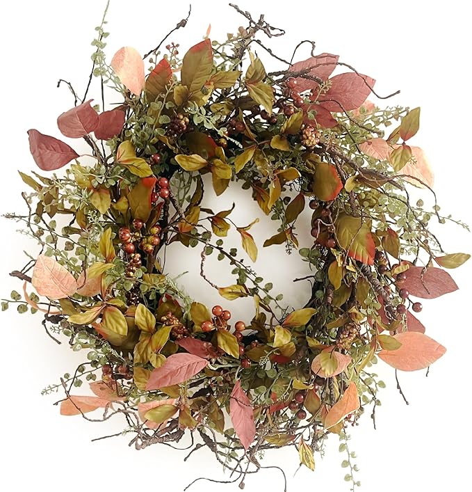 26 Inch Fall Wreaths for Front Door Burgundy Berry Wreath with Leave, Large Autumn Wreath Decor on Grapevine for Farmhouse Front Door Wall Window Home Decoration and Christmas Thanksgiving Celebration
