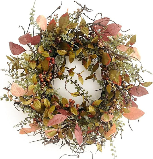 26 Inch Fall Wreaths for Front Door Burgundy Berry Wreath with Leave, Large Autumn Wreath Decor on Grapevine for Farmhouse Front Door Wall Window Home Decoration and Christmas Thanksgiving Celebration