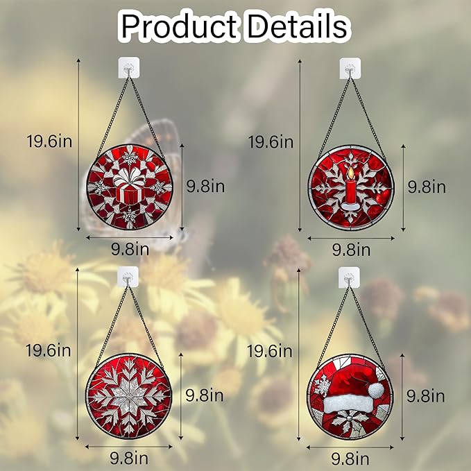 Stained Glass Window Hanging 4 Pcs Set Red Christmas Decorations Theme 9.8" - Suncatcher Door Garden Sun Catcher Decor Birthday for Mom Woman Nana Men Friend Wife
