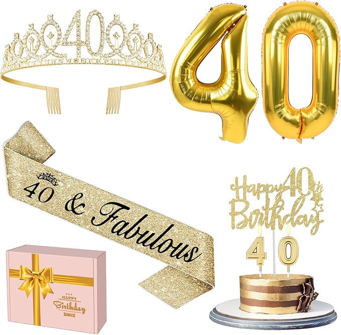 40th Birthday Decorations Women Gold with Sash and Tiara, Cake Topper and Candles, Number Balloons, 40th Birthday Gifts for Women