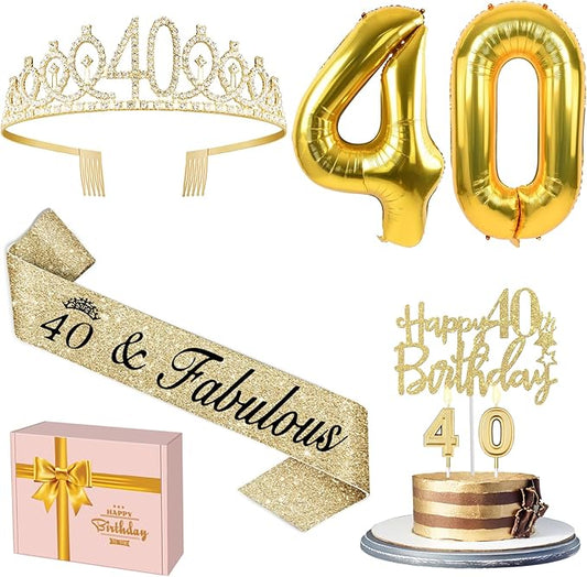 40th Birthday Decorations Women Gold with Sash and Tiara, Cake Topper and Candles, Number Balloons, 40th Birthday Gifts for Women