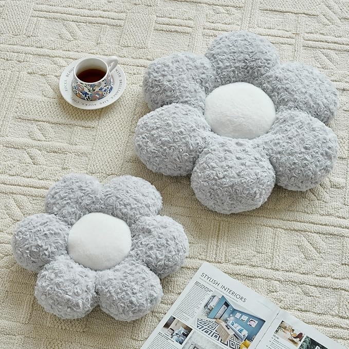 Flower Pillows, Decorative Throw Pillow with Soft Plush for Couch, Flower Shaped Pillow Home Decor Daisy Pillow for Bed (Grey, 14.9 Inches)