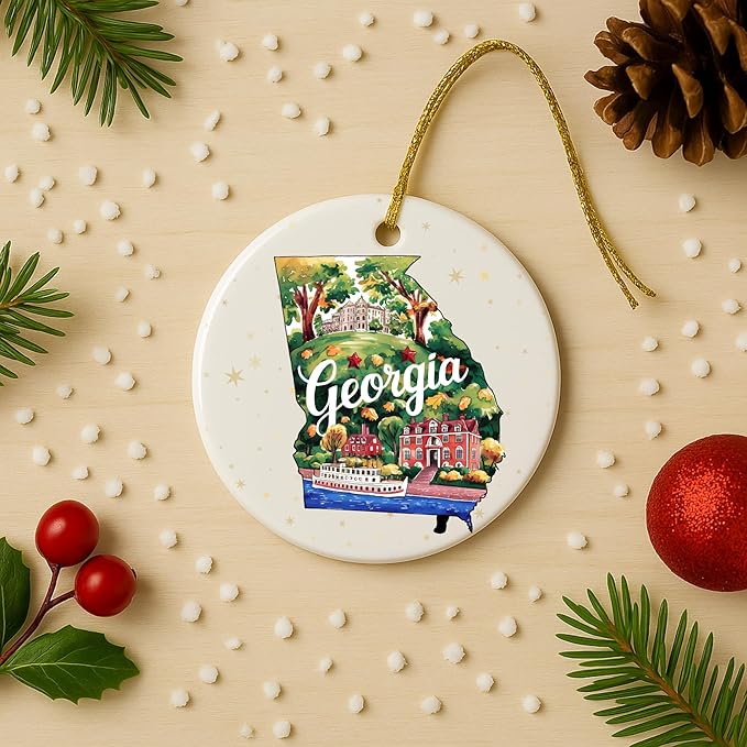 USA State Landmark Ceramic Ornament – Round Glossy Christmas Decoration Featuring U.S. State Art, Landmarks & Holiday Scenery – Collectible Travel Souvenir Ornament Series (Georgia)