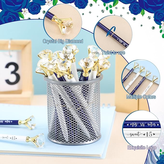 25 Set Quinceanera Party Favors for Guest Sweet 15 Diamond Pens Bulk Mis XV Años Fancy Ballpoint Pen with Thank You Cards and Ties 15th Birthday Thank You Gifts(White, Dark Blue)