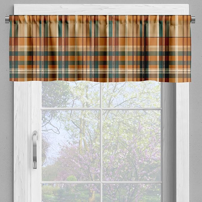 Ambesonne Autumn Plaid Window Valance Pack of 2, Fall Harvest Traditional Buffalo Tartan Lines Thanksgiving Art, Rod Pocket Curtain Valances Kitchen Bedroom, 42" X 18",Orange Tan Grey Teal
