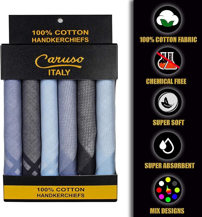 Caruso Italy 100% Cotton Men's Italia Handkerchief | Luxurious, Soft, and Ultra-Absorbent Handkerchief For Men | 50cm X 50cm