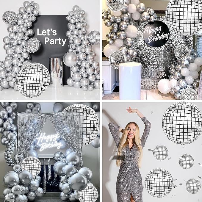 16PCS Disco Ball Balloons, 32in 22in 10in Large 4D Metallic Silver Disco Balloons Foil Balloon for 70s 80s 90s Discos Party Birthday New Year Graduation Party Decorations
