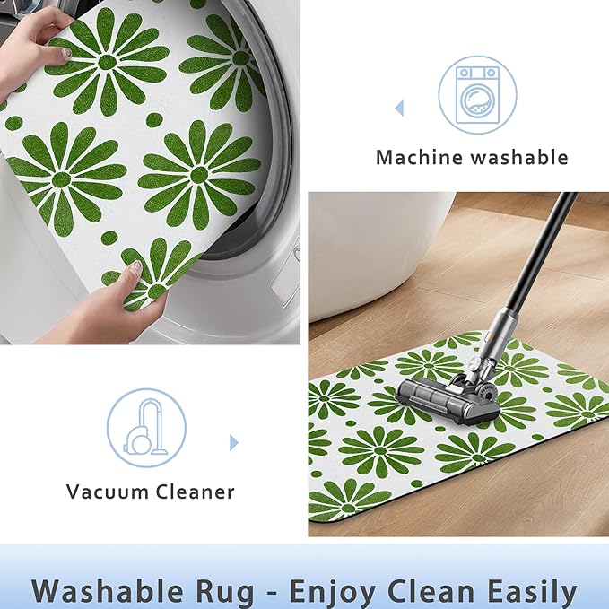 Bathroom Rug 29.5"x17",Green Flowers Bath Mat with Non-Slip Rubber Backing, Quick-Drying Absorbent Thin Floor Mat for Bathroom, Shower, Sink, or Kitchen