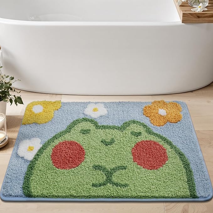 Ankah Bath Mat Cute Shower Rug, Luxury Shaggy High Absorbent and Anti Slip, Machine Washable Fit for Bathtub, Shower and Bath Room, (17.71"x 25.59", Flower Frog)