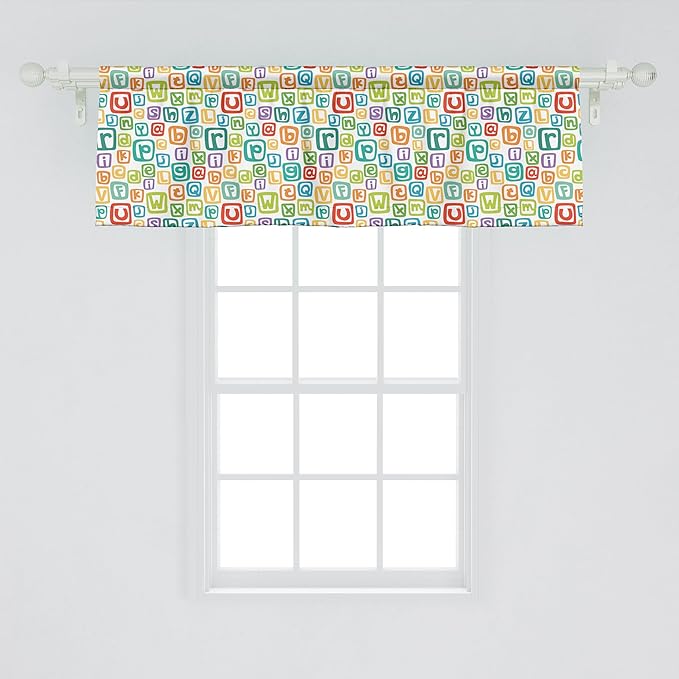 Ambesonne Alphabet Window Valance, Learning English Themed Irregular Colorful Letters in Squares, Curtain Valance for Kitchen Bedroom Decor with Rod Pocket, 54" X 18", Turquoise