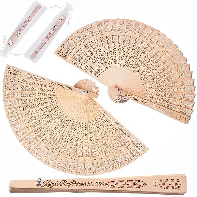 100 Pcs Wedding Fans Personalized Folding Hand Fans, Custom Sandalwood Handheld Fans Bulk Wooden Folding Fan, Vintage Hollow Carved Fans for Wedding Decoration Party Gifts Baby Shower (100 pcs)