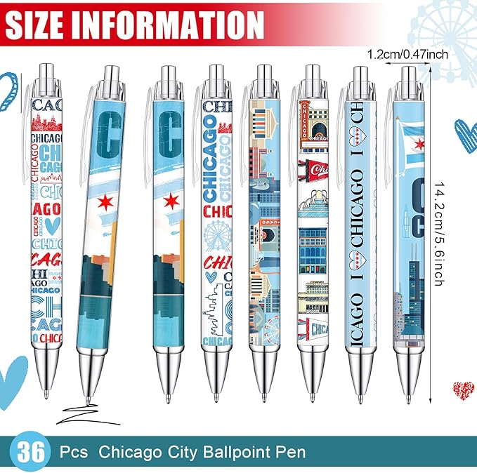 36 Pcs Chicago City Ballpoint Pen Collectible Gift Pen Bulk Retractable Souvenirs USA Chicago City Souvenirs for Office Supplies, 6 Styles, Black Gel Ink