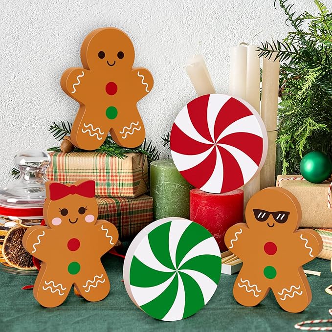 Gingerbread Christmas Decorations Tiered Tray Decor, 5 Pcs Gingerbread Candy Wooden Signs Table Decor for Home Kitchen Office