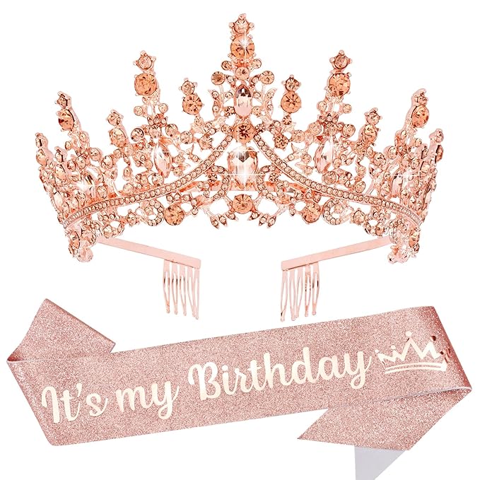 VELSCRUN Rose Gold Crystal Birthday Tiara Crowns for Women Girls It's My Birthday Sash Queen Girls Princess Crown with Combs Happy Birth Party Decorations Mom Sisters Birth Gift Hair Accessories