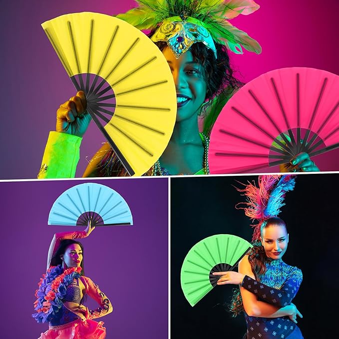 Blulu 4 Pcs 13 Inch Large Folding Hand Fans for Line Dancing Big Clapping Popping Raves Fans Bulk for Dancing Boots on The Ground Festival Party Decoration(Classic Style, Fluorescent Color)