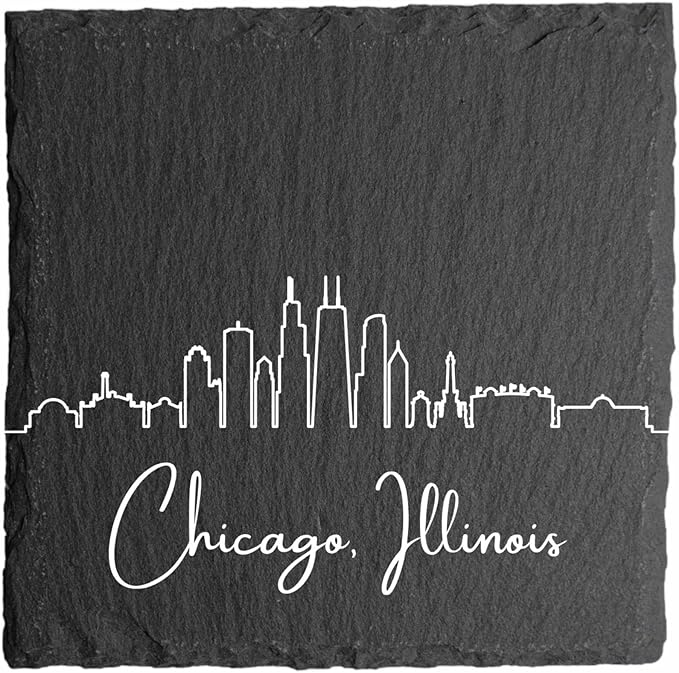 Blue Ridge Mountain Gifts - Chicago IL Skyline Coasters, Set of 4 - Chicago Illinois Souvenir, Slate Coasters with Minimalist Skyline, Housewarming Gift for Friends, Family, & Neighbors