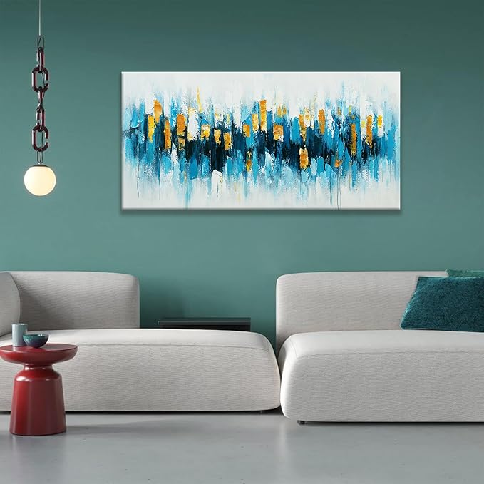 Suconvng Blue Abstract Wall Art Living Room Abstract Painting Wall Decor Modern 24"X 48" Canvas Art Wall Decor Blue Gold Wall Art Canvas Prints Artwork Pictures For Bedroom Kitchen Artwork