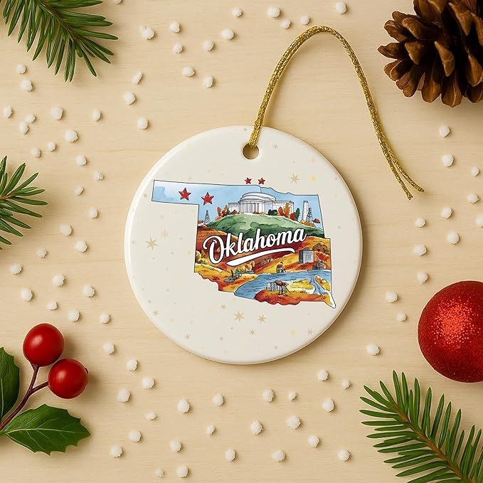 USA State Landmark Ceramic Ornament – Round Glossy Christmas Decoration Featuring U.S. State Art, Landmarks & Holiday Scenery – Collectible Travel Souvenir Ornament Series (Oklahoma)